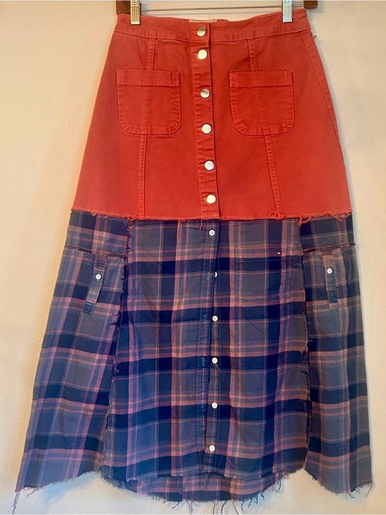 Dresses & Skirts - Upcycled coral denim and plaid button shirt skirt